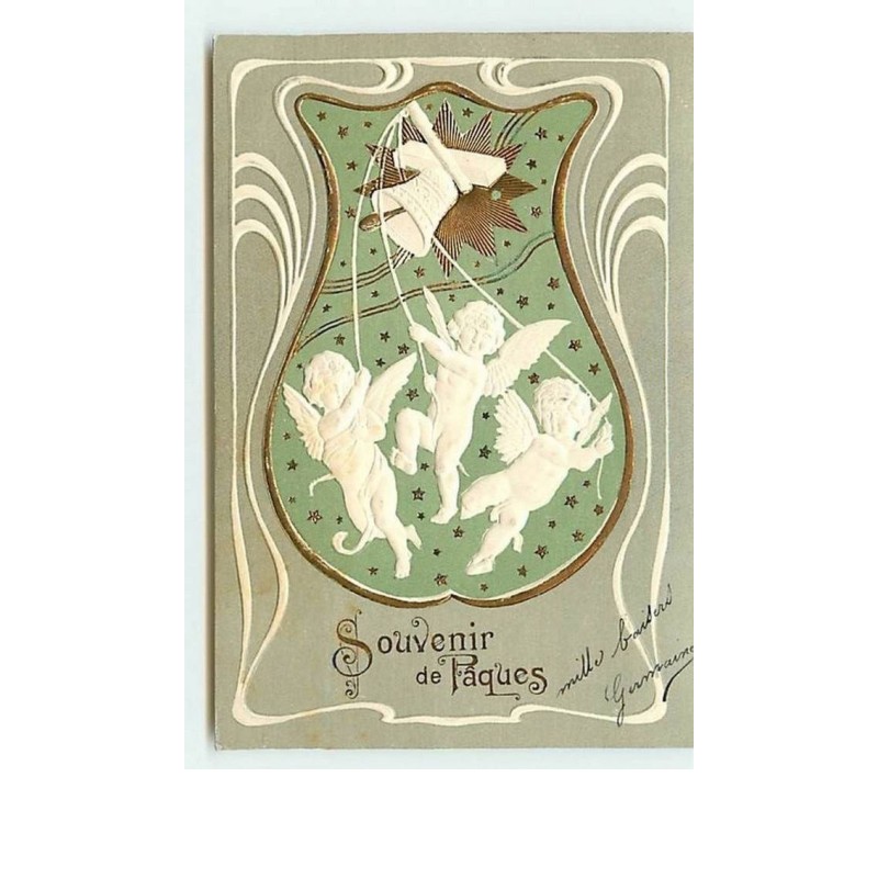 n°6380 - Carte Gaufrée - Souvenir de Pâques - Angelots sonnant une cloche