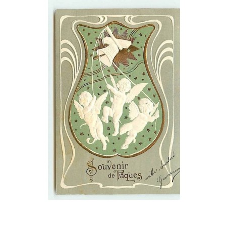 n°6380 - Carte Gaufrée - Souvenir de Pâques - Angelots sonnant une cloche