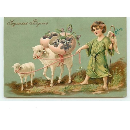 n°6381 - Carte Gaufrée - Joyeuses Pâques - Angelot avec deux moutons