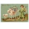 n°6381 - Carte Gaufrée - Joyeuses Pâques - Angelot avec deux moutons