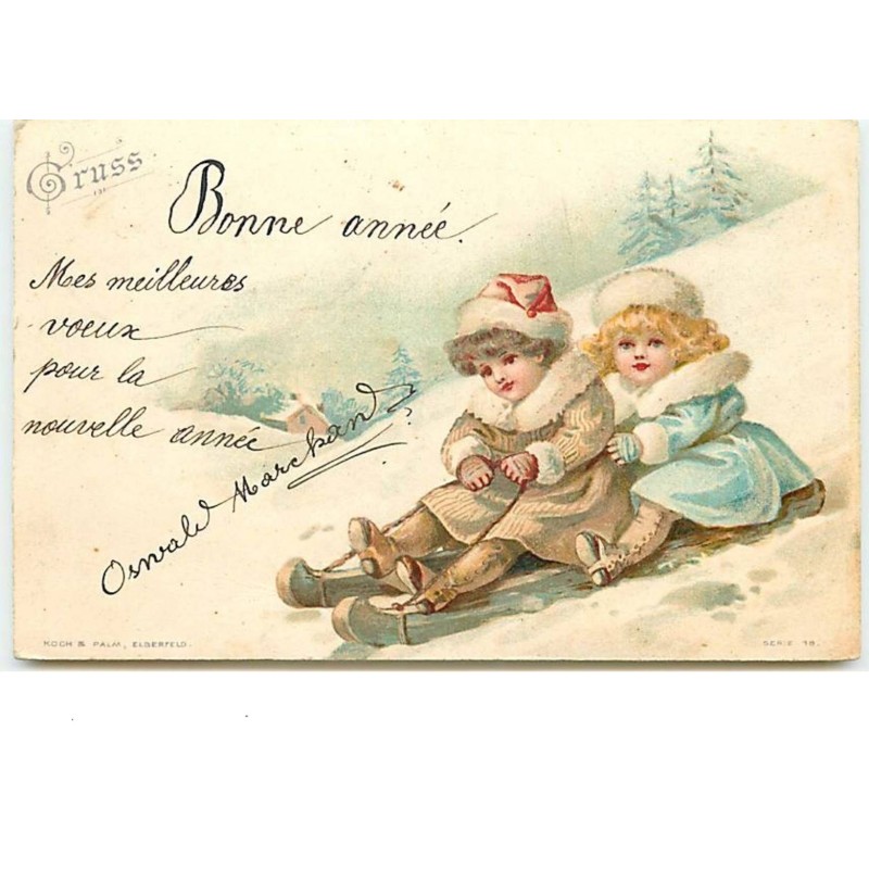 n°12200 - Gruss Bonne Année - Fillettes sur une luge
