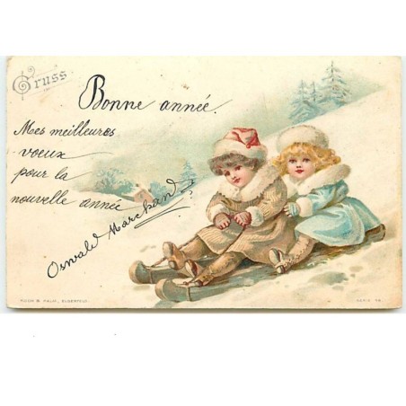 n°12200 - Gruss Bonne Année - Fillettes sur une luge
