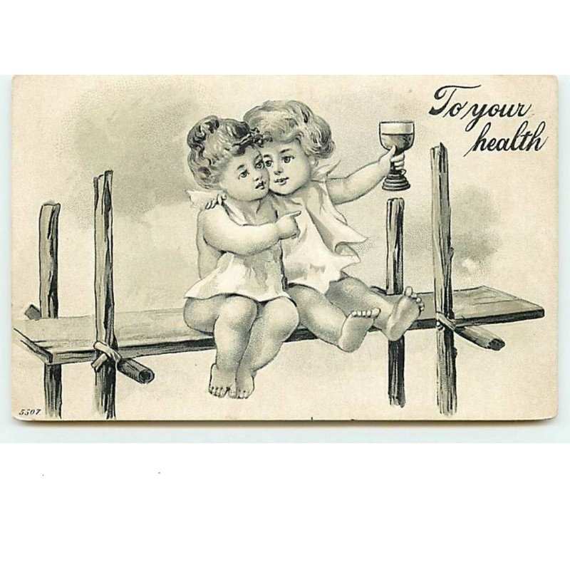 n°6397 - Carte Gaufrée - To your health - Enfants trinquant sur un ponton