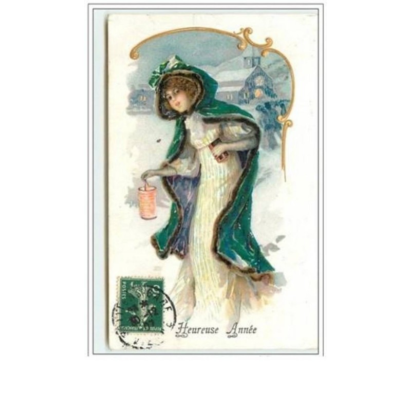n°640 - Carte Gaufrée - Heureuse Année - Femme avec lampion