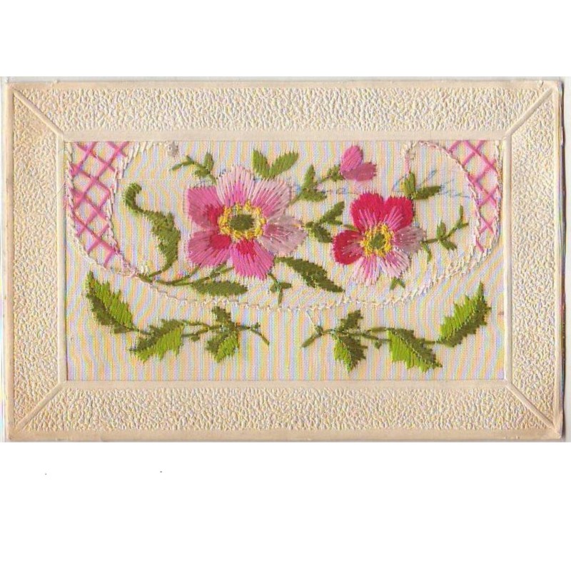 n°6406 - Carte Brodée avec rabat - Fleurs roses