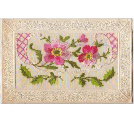 n°6406 - Carte Brodée avec rabat - Fleurs roses