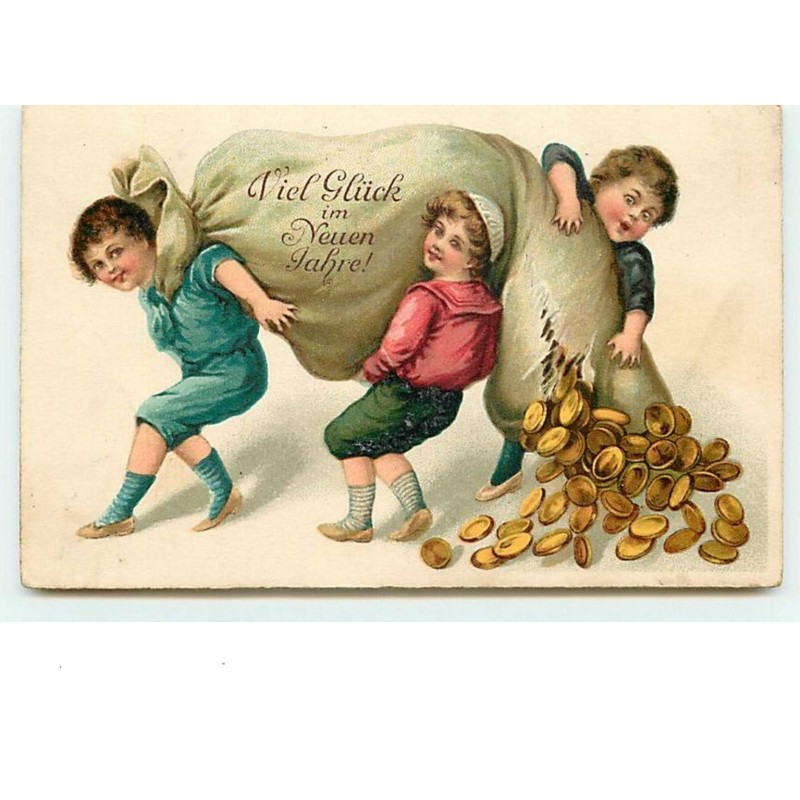 n°6434 - Viel Glückim Neuen Jahre - Enfants avec un sac de pièces d'or