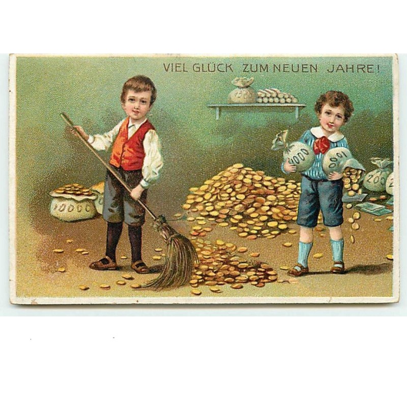 n°6436 - Carte Gaufrée - Viel Glück zum  neuen Jahre - Enfants ramassant des pièces d'or