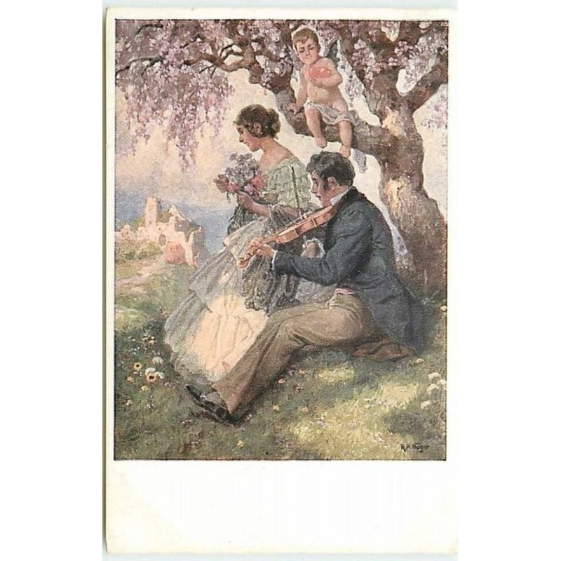 n°12306 - MM Vienne n°1324 - Cupidon dans un arbre écoutant un homme jouant du violon pour une jeune femme