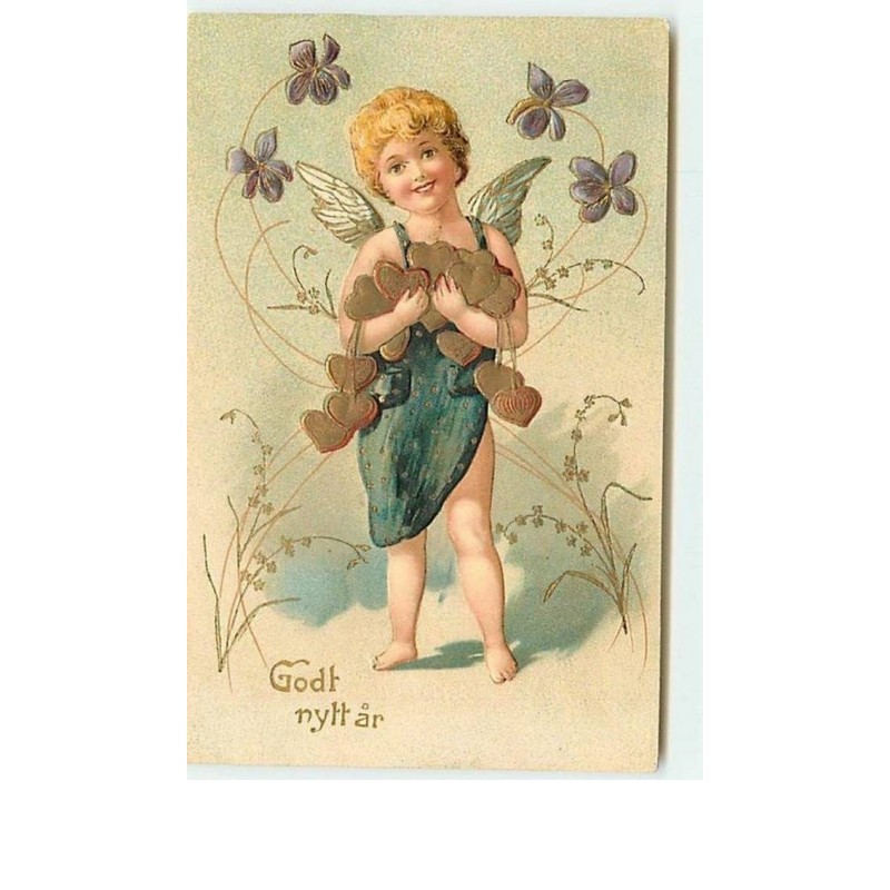 n°6497 - Carte Gaufrée - Godt Nytt Ar - Angelot avec des coeurs