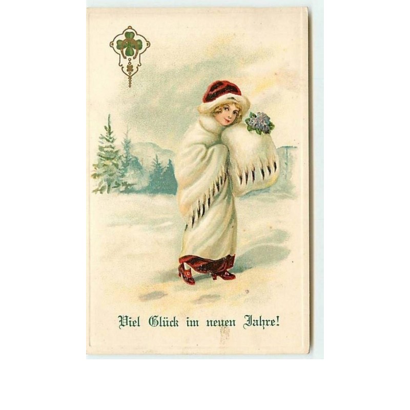 n°6533 - Carte Gaufrée - Viel Glück im neuen Jahre - Fillette dans un paysage hivernal