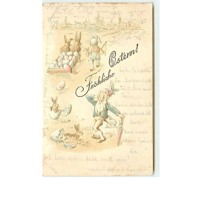 n°6535 - Carte Gaufrée - Fröhliche Ostern - nains , lutins