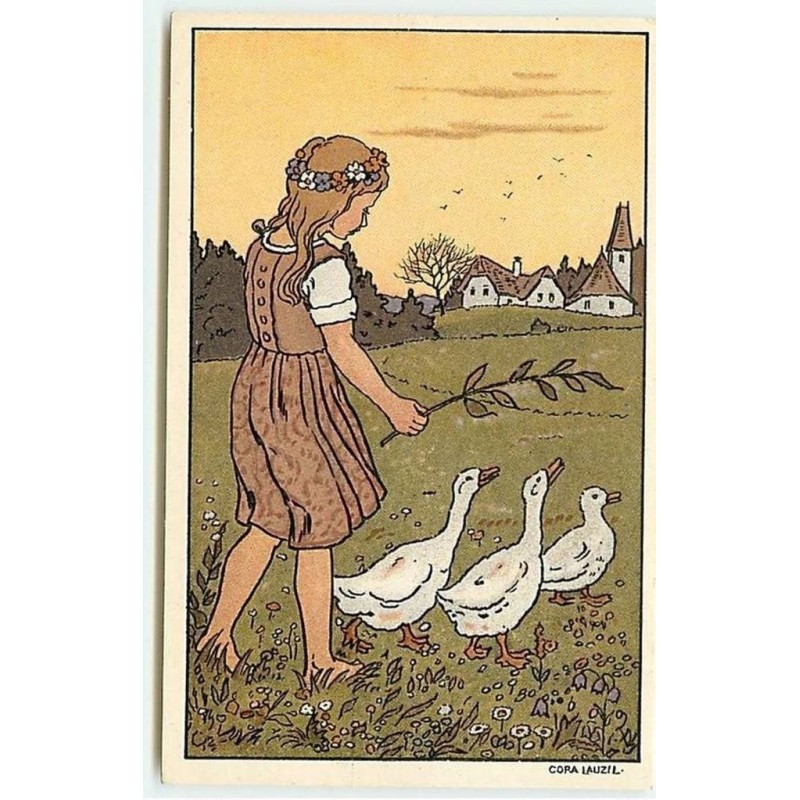n°12316 - Cora Lauzil - Fillette gardant des oies