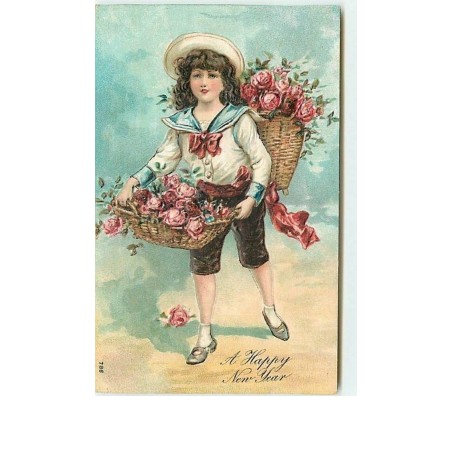n°6587 - Carte Gaufrée - A Happy New Year - Garçon avec des corbeilles de fleurs n°2