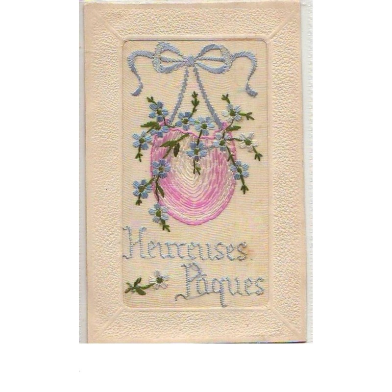 n°6609 - Carte Brodée - Heureuses Pâques - Oeuf suspendu