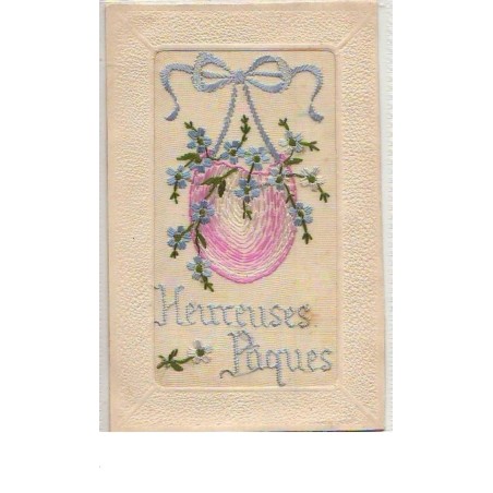 n°6609 - Carte Brodée - Heureuses Pâques - Oeuf suspendu