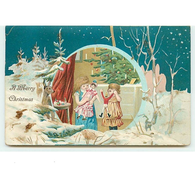 n°6632 - A Merry Christmas - Fillettes avec leurs poupées dans un médaillon