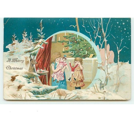 n°6632 - A Merry Christmas - Fillettes avec leurs poupées dans un médaillon