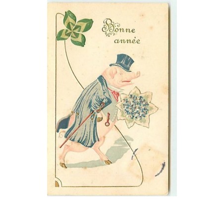 n°6640 - Carte  Gaufrée - Bonne Année - Cochon habillé