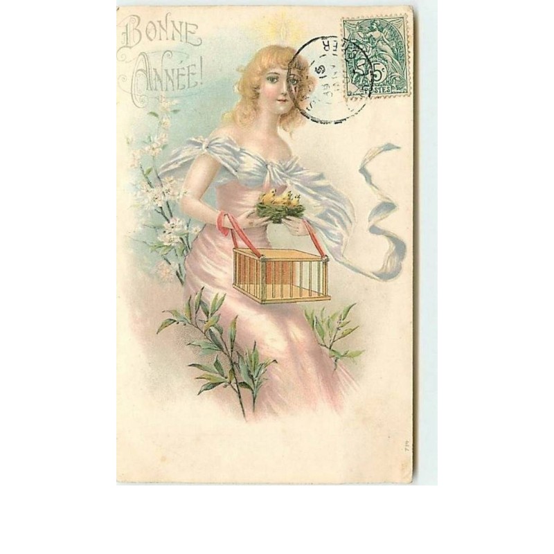 n°6643 - Carte  Gaufrée - Bonne Année - Femme avec une cage et des oiseaux
