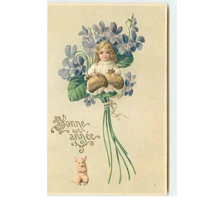 n°6646 - Carte  Gaufrée - Bonne Année - Fillette dans un bouquet de violettes avec des sacs de pièces - cochon