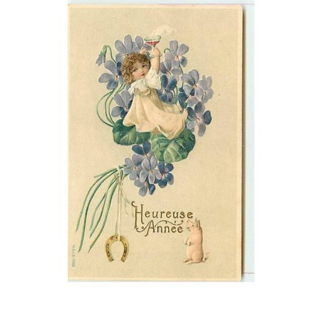 n°6647 - Carte  Gaufrée - Heureuse Année - Fillette dans un bouquet de violettes avec une coupe - cochon