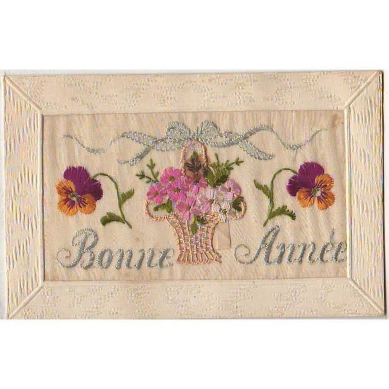 n°6659 - Carte Brodée - Bonne Année - Panier amovible avec message en dessous