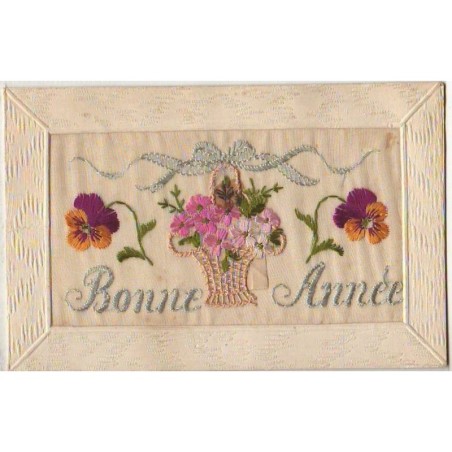 n°6659 - Carte Brodée - Bonne Année - Panier amovible avec message en dessous