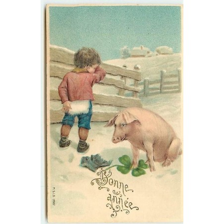 n°6689 - Carte Gaufrée - Bonne Année - Enfant avec un cochon