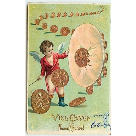 n°6696 - Carte Gaufrée - Viel Gluck zum Neuen Jahre - Angelot dresseur de pièces d'or
