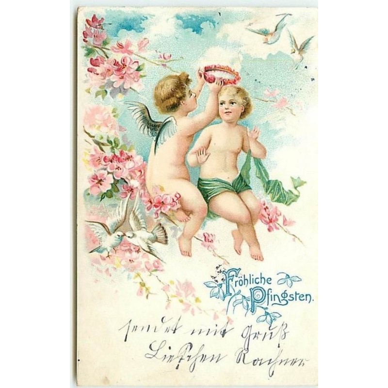 n°6698 - Fröhliche Pfingsten - Angelots avec une couronne de fleurs