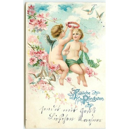 n°6698 - Fröhliche Pfingsten - Angelots avec une couronne de fleurs