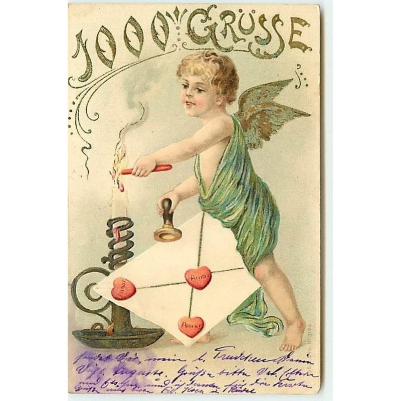 n°6700 - Carte Gaufrée - Angelot cachetant une enveloppe avec de la cire