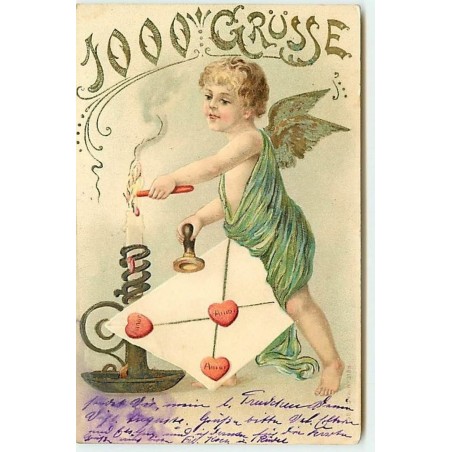 n°6700 - Carte Gaufrée - Angelot cachetant une enveloppe avec de la cire