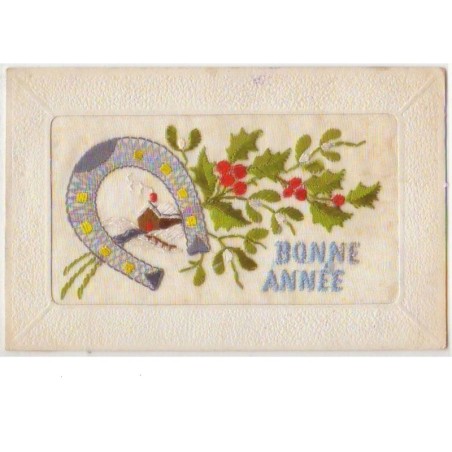 n°6707 - Carte Brodée - Bonne Année - Paysage hivernal - Fer à cheval