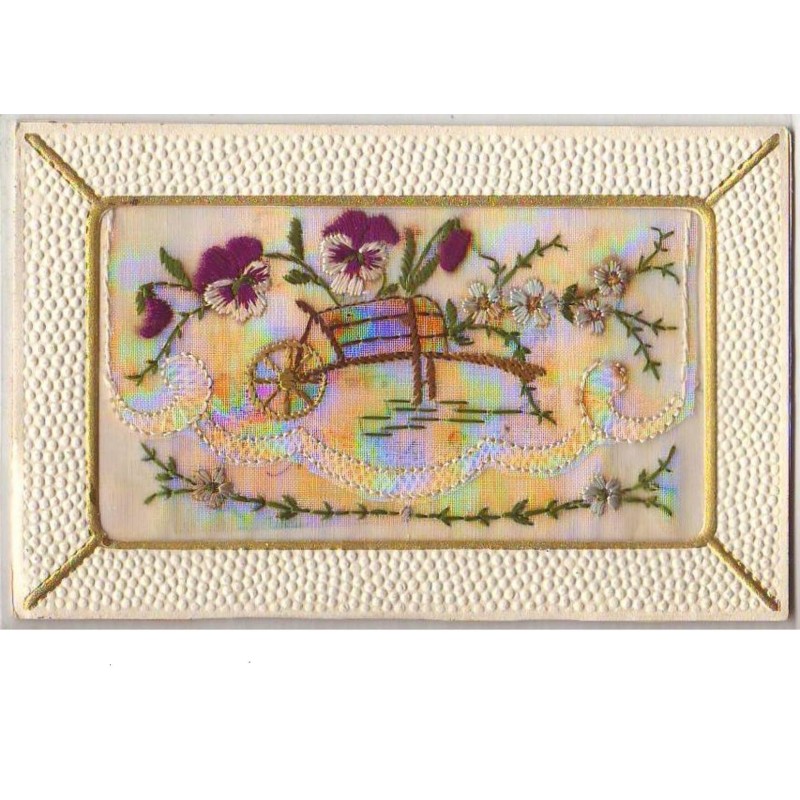 n°6709 - Carte Brodée rabat - Brouette et pensées