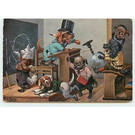 n°6713 - Arthur Thiele - Chiens habillés à l'école - Teckel - Bouledogue