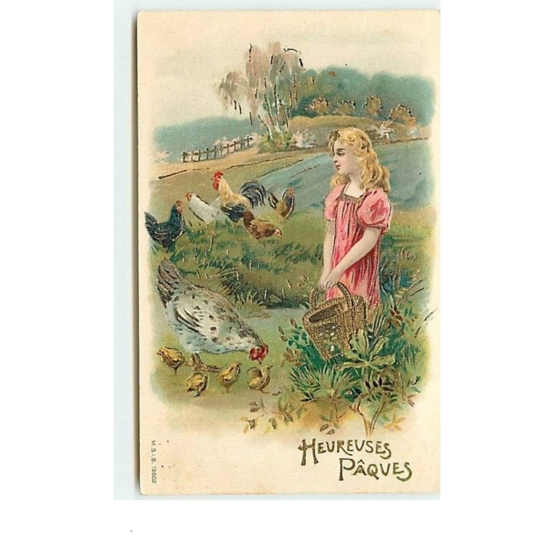n°6731 - Carte Gaufrée - Heureuses Pâques - Fillette et poules