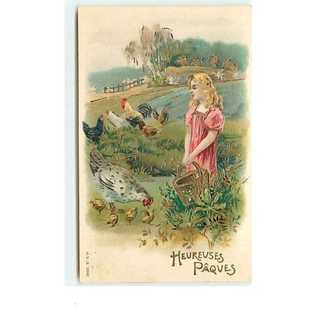 n°6731 - Carte Gaufrée - Heureuses Pâques - Fillette et poules