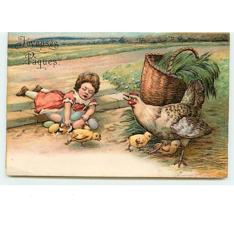 n°6739 - Carte Gaufrée - Joyeuses Pâques - Fillette allongée avec des poussins