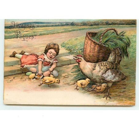 n°6739 - Carte Gaufrée - Joyeuses Pâques - Fillette allongée avec des poussins