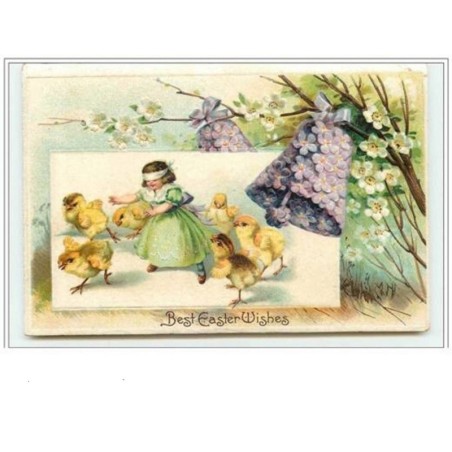 n°674 - Carte Gaufrée - Clapsaddle - Best Easter Wishes - Fillette jouant à Collin maillard avec des poussins - cloche