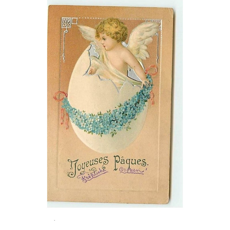 n°6742 - Carte Gaufrée - Joyeuses Pâques - Clapsaddle - Angelot sortant d'un oeuf