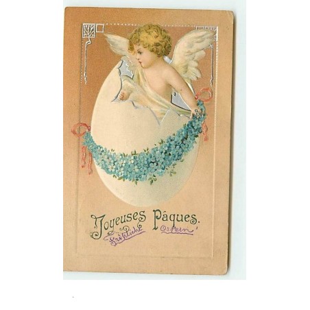n°6742 - Carte Gaufrée - Joyeuses Pâques - Clapsaddle - Angelot sortant d'un oeuf