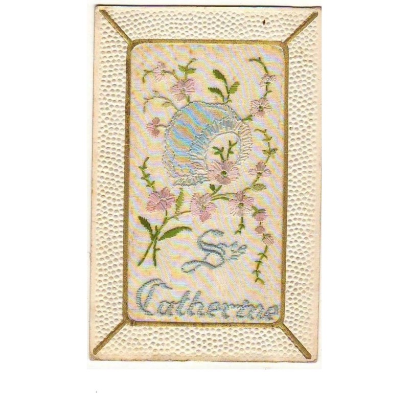 n°6754 - Carte Brodée - Bonnet Sainte-Catherine et petites fleurs