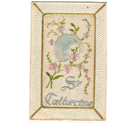 n°6754 - Carte Brodée - Bonnet Sainte-Catherine et petites fleurs