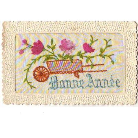n°6762 - Carte Brodée - Bonne Année - Fleurs dans une Brouette