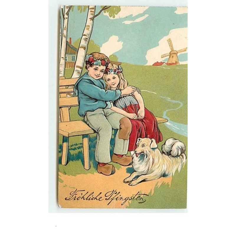 n°6775 - Carte Gaufrée - Pentecôte - Fröhliche Pfingsten - Couple d'enfants et un chien