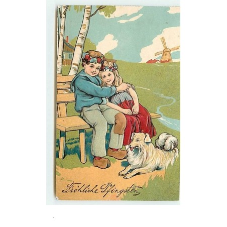n°6775 - Carte Gaufrée - Pentecôte - Fröhliche Pfingsten - Couple d'enfants et un chien