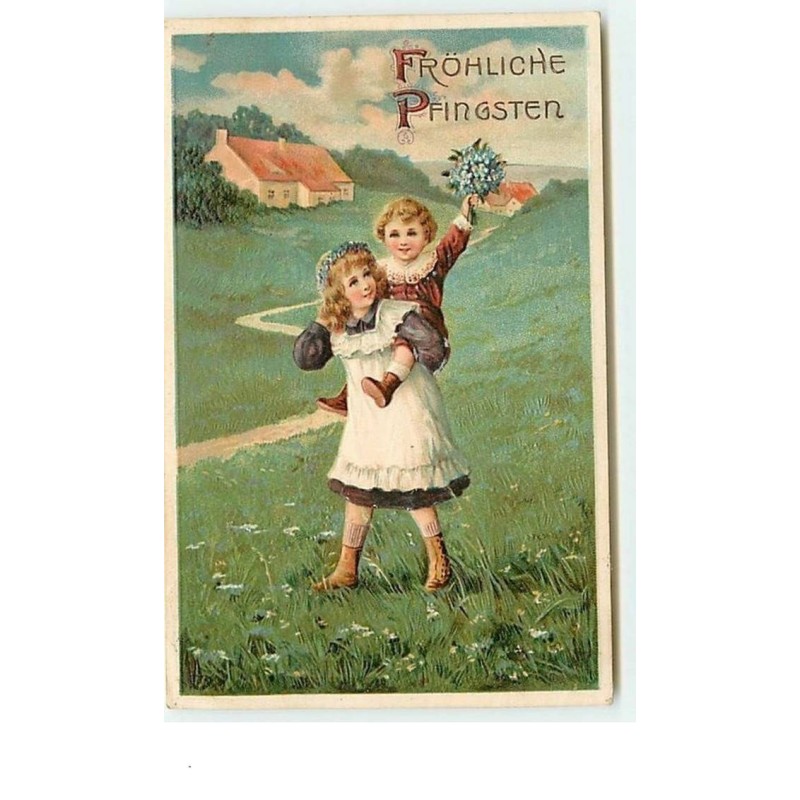 n°6776 - Carte Gaufrée - Pentecôte - Fröhliche Pfingsten - Fillette portant sur ses épaules un petit garçon